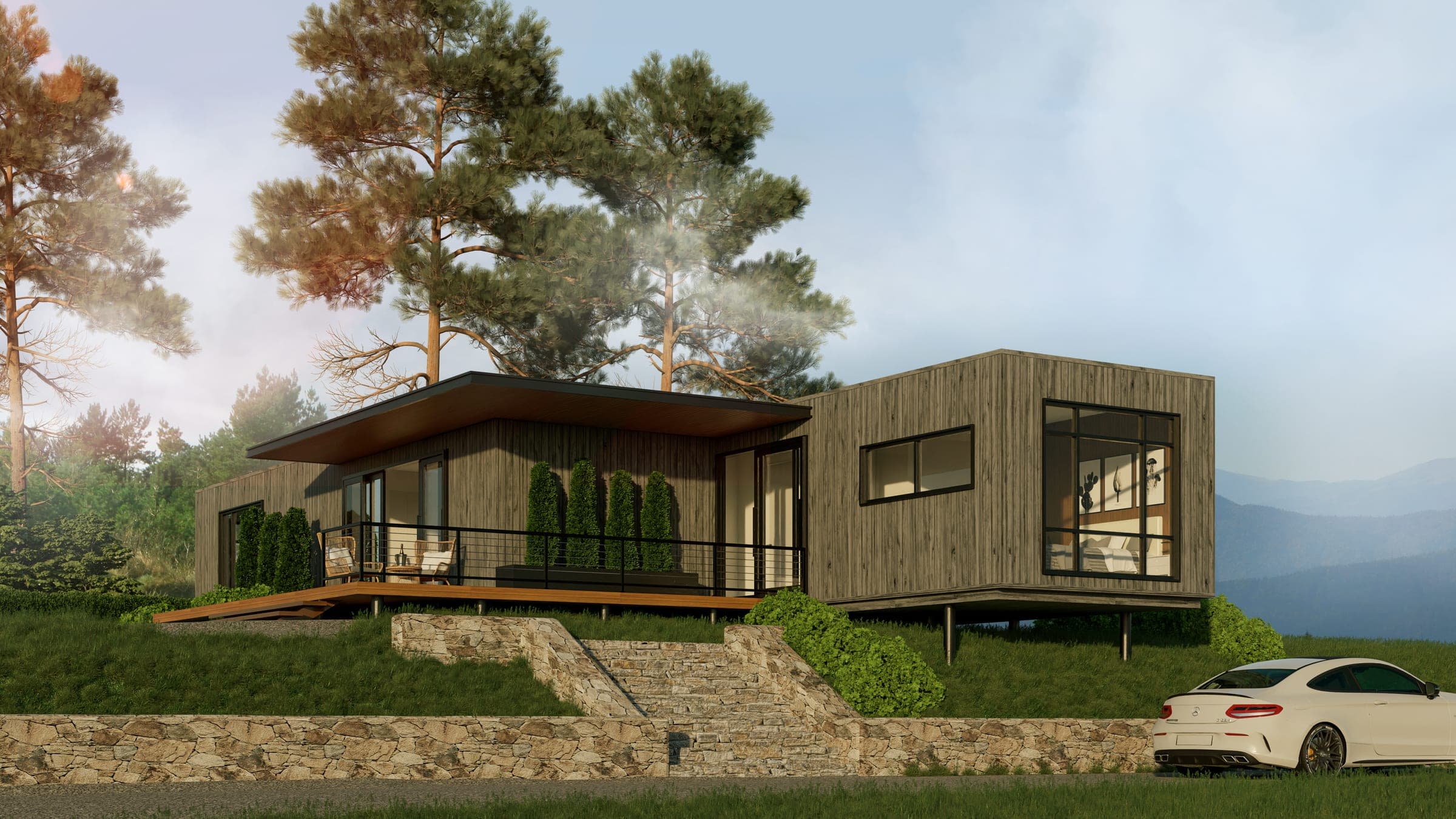 The Dawson — a three-bedroom 6Homes modular home among pines at golden hour